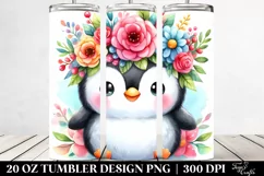 Cartoon-Style Watercolor Penguin Adorned with Flower Crown | Product Image 2
