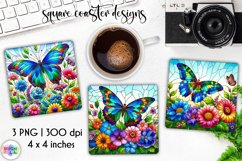 Stained Glass Butterfly Coasters, Floral Stained Glass Print Product Image 1