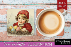 Retro Easter Square Coaster - Easter Coaster PNG Sublimation Product Image 1