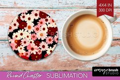 Retro Flowers Round Coaster - Floral Coaster PNG Sublimation Product Image 1