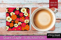 Retro Flowers Square Coaster - Floral Coaster PNG Product Image 1