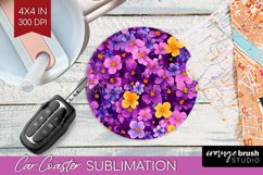 Retro Flowers Car Coaster - Floral Coaster PNG Sublimation Product Image 1