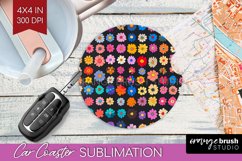 Retro Flowers Car Coaster - Floral Coaster PNG Sublimation Product Image 1
