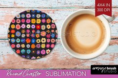 Retro Flowers Round Coaster - Floral Coaster PNG Sublimation Product Image 1