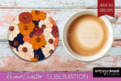 Retro Flowers Round Coaster - Floral Coaster PNG Sublimation Product Image 1