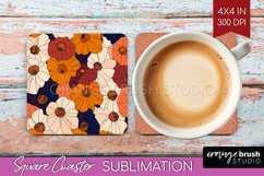 Retro Flowers Square Coaster - Floral Coaster PNG Product Image 1