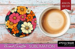 Retro Flowers Round Coaster - Floral Coaster PNG Sublimation Product Image 1
