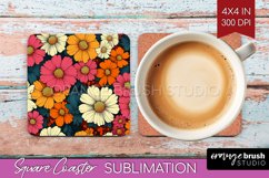 Retro Flowers Square Coaster - Floral Coaster PNG Product Image 1