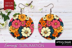 Retro Flowers Round Earrings - Floral PNG Sublimation Product Image 1
