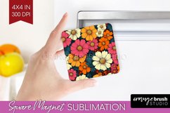 Retro Flowers Magnet Sublimation - Floral Square Magnet PNG Product Image 1