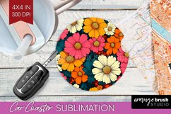 Retro Flowers Car Coaster - Floral Coaster PNG Sublimation Product Image 1
