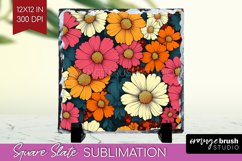 Retro Flowers Slate PNG - Floral Square Slate Sublimation Product Image 1