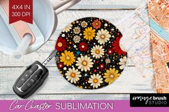 Retro Flowers Car Coaster - Floral Coaster PNG Sublimation Product Image 1