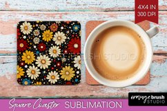 Retro Flowers Square Coaster - Floral Coaster PNG Product Image 1