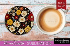 Retro Flowers Round Coaster - Floral Coaster PNG Sublimation Product Image 1