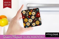 Retro Flowers Magnet Sublimation - Floral Square Magnet PNG Product Image 1