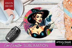 Witch Car Coaster - Retro Halloween Coaster PNG Sublimation Product Image 1