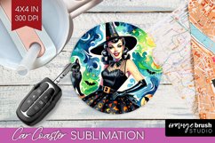 Witch Car Coaster - Retro Halloween Coaster PNG Sublimation Product Image 1