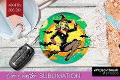 Witch Car Coaster - Retro Halloween Coaster PNG Sublimation Product Image 1