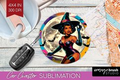 Witch Car Coaster - Retro Halloween Coaster PNG Sublimation Product Image 1
