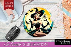Witch Car Coaster - Retro Halloween Coaster PNG Sublimation Product Image 1
