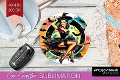 Witch Car Coaster - Retro Halloween Coaster PNG Sublimation Product Image 1