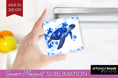 Sea Turtle Floral Magnet Sublimation Blue Flowers Square PNG Product Image 1