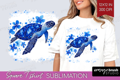 Sea Turtle Floral Square Tshirt Background Blue Flowers PNG Product Image 1
