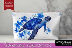 Sea Turtle Floral Cosmetic Bag Blue Flowers Makeup Bag PNG Product Image 1
