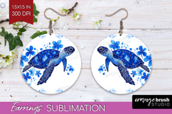 Sea Turtle Floral Round Earrings Blue Flowers PNG Product Image 1