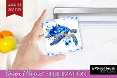 Sea Turtle Floral Magnet Sublimation Blue Flowers Square PNG Product Image 1