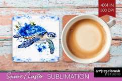 Sea Turtle Floral Square Coaster Blue Flowers Coaster PNG Product Image 1