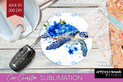 Sea Turtle Floral Car Coaster Blue Flowers Coaster PNG Product Image 1