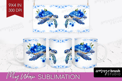 Sea Turtle Floral Mug Wrap Blue Flowers Mug PNG Sublimation Product Image 1