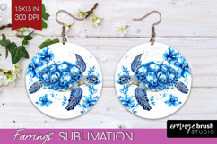 Sea Turtle Floral Round Earrings Blue Flowers PNG Product Image 1