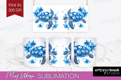 Sea Turtle Floral Mug Wrap Blue Flowers Mug PNG Sublimation Product Image 1