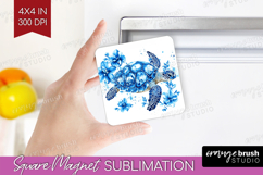 Sea Turtle Floral Magnet Sublimation Blue Flowers Square PNG Product Image 1