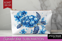 Sea Turtle Floral Cosmetic Bag Blue Flowers Makeup Bag PNG Product Image 1