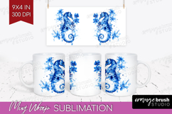 Seahorse Floral Mug Wrap Blue Flowers Mug PNG Sublimation Product Image 1