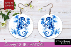 Seahorse Floral Round Earrings Blue Flowers PNG Sublimation Product Image 1