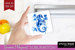 Seahorse Floral Magnet Sublimation Blue Flowers Square PNG Product Image 1
