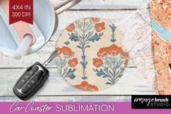 Vintage Flowers Car Coaster - Floral Coaster PNG Sublimation Product Image 1