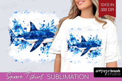 Shark Floral Square Tshirt Background Blue Flowers PNG Product Image 1