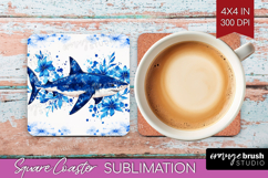 Shark Floral Square Coaster Blue Flowers Coaster PNG Product Image 1