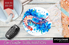 Shrimp Floral Car Coaster Blue Flowers Coaster PNG Product Image 1
