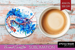 Shrimp Floral Round Coaster Blue Flowers Coaster PNG Product Image 1