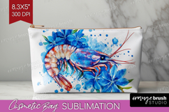 Shrimp Floral Cosmetic Bag Blue Flowers Makeup Bag PNG Product Image 1