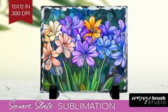 Stained Glass Flowers Slate PNG - Floral Square Slate Product Image 1