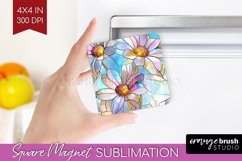 Stained Glass Flowers Magnet Sublimation - Floral Square PNG Product Image 1
