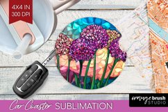 Stained Glass Flowers Car Coaster - Floral Coaster PNG Product Image 1